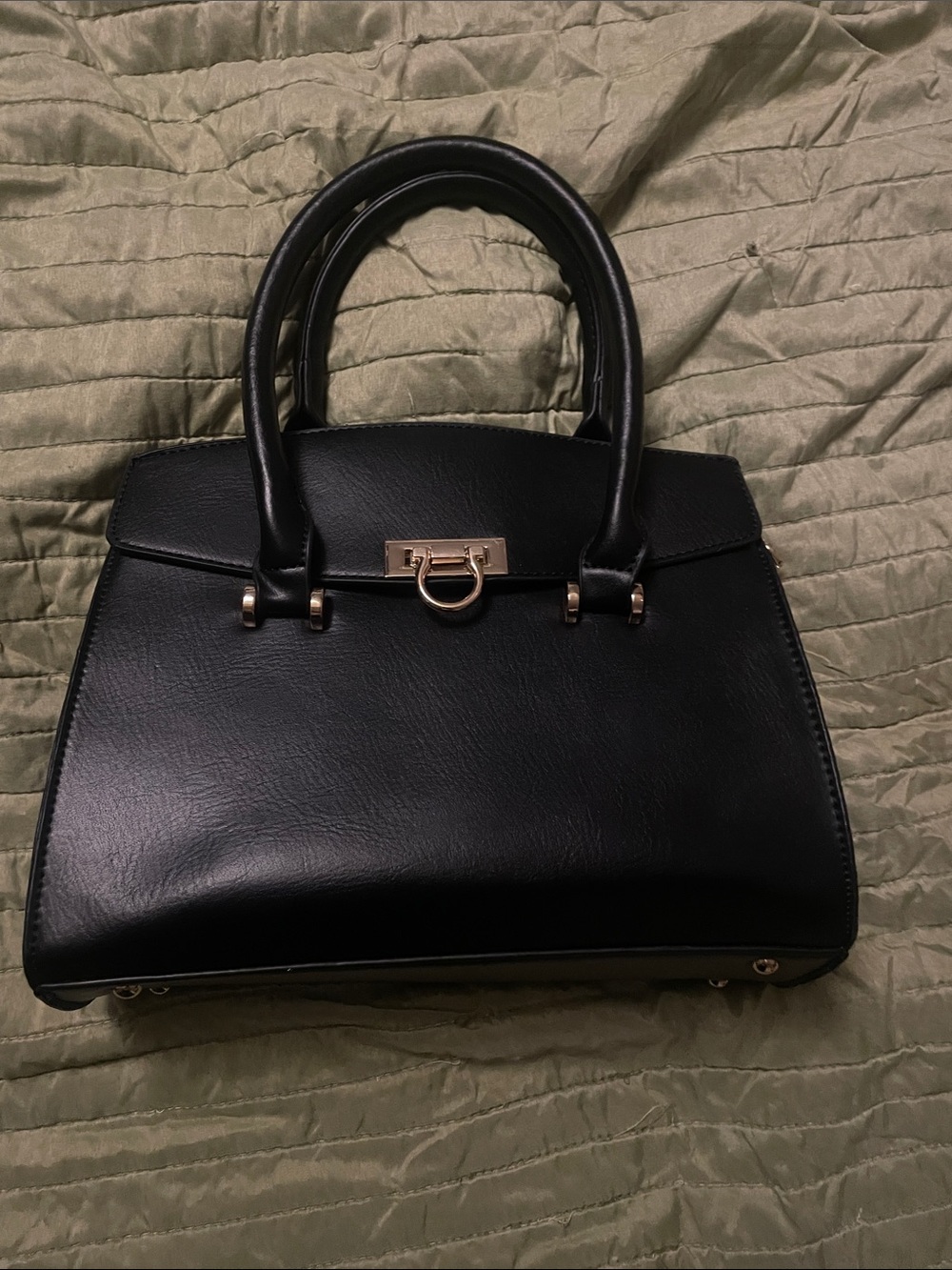 Structured Black Top-Handle Satchel with Gold Accent